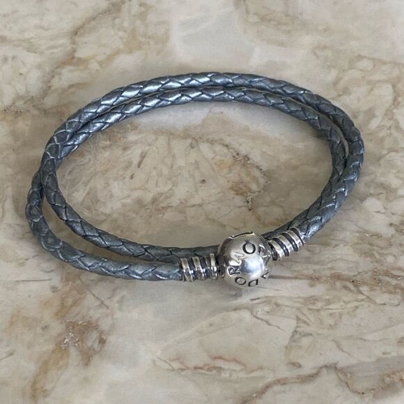 Pandora Moments Double Grey Leather Bracelet 925 Sterling Silver Round Clasp - Picture 1 of 6